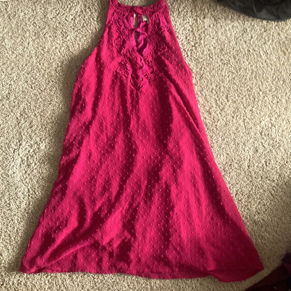 Small Magenta, high neck swing dress with embroidery
